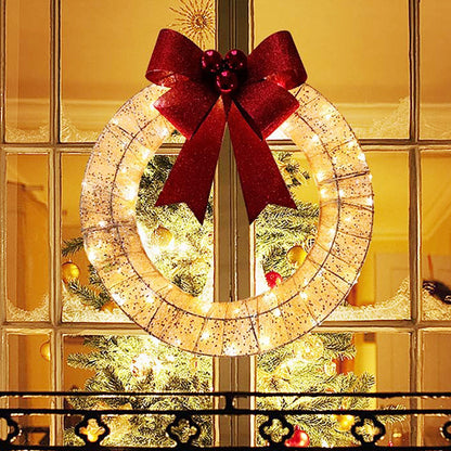 Guirlande De Noël 50CM Lumineux LED Lumière Chaude Couronne Lumineuse En Métal Avec Grand Bowknot Porte D'entrée De Noël Maison Fête De Vacances Porte Suspendue Décor