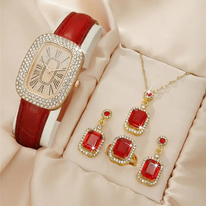 Women's Fashion All-match Diamond Belt Quartz Watch 4-piece Set