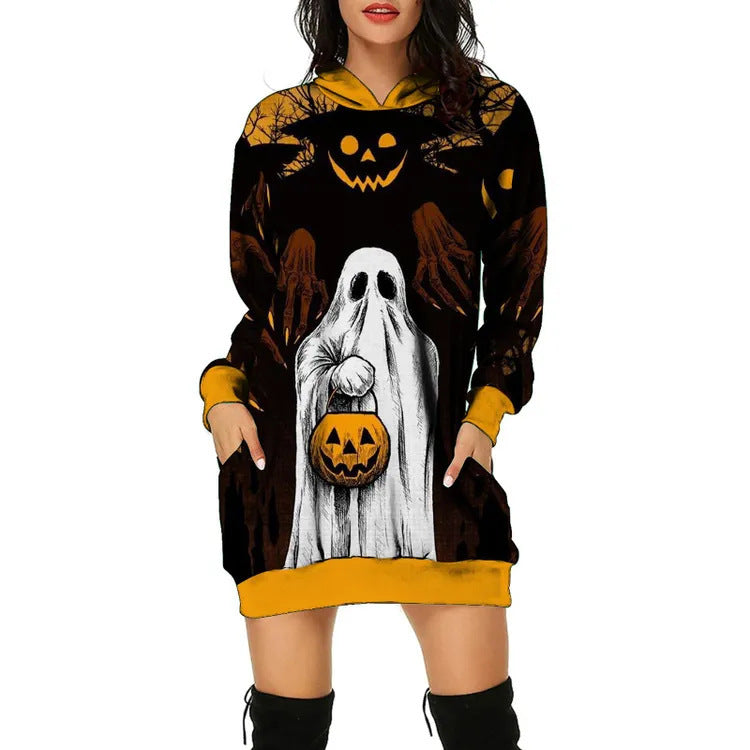 Ladies Hooded Pullover Halloween Print