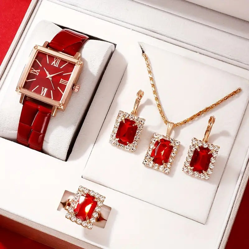 Conjunto de 4 piezas de reloj de cuarzo con cinturón de diamantes a la moda para mujer