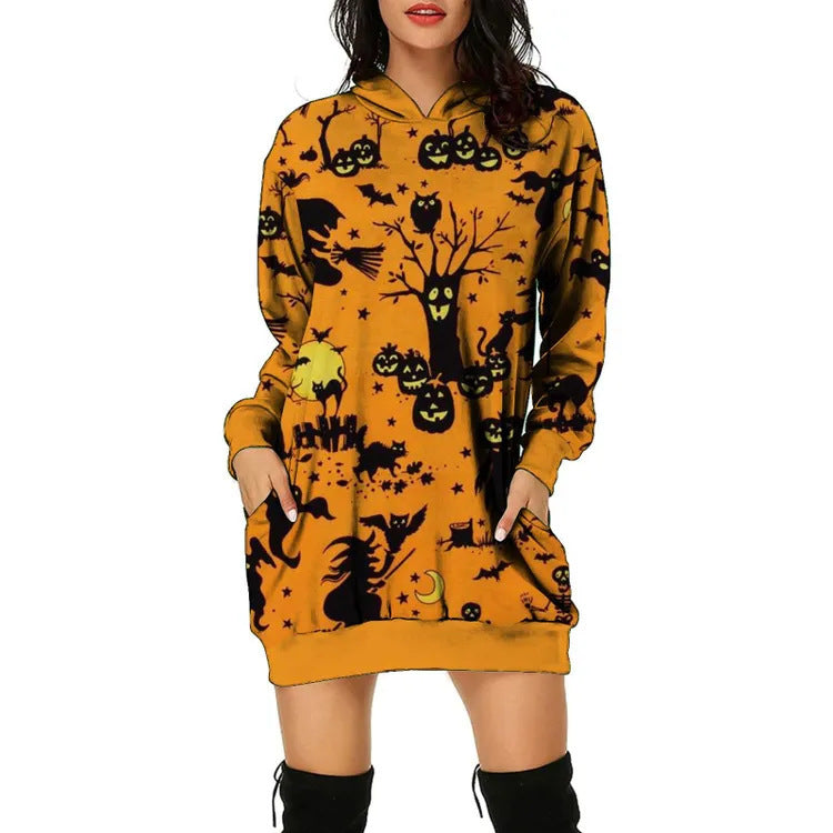 Ladies Hooded Pullover Halloween Print