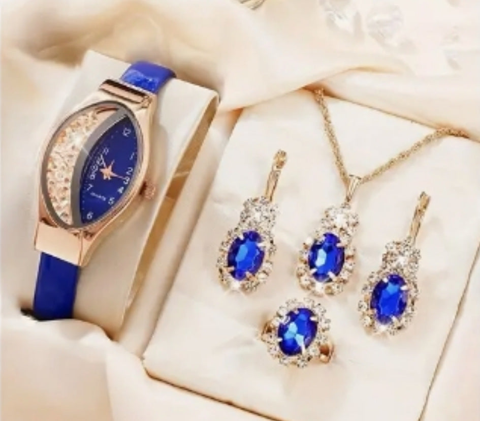 Conjunto de 4 piezas de reloj de cuarzo con cinturón de diamantes a la moda para mujer