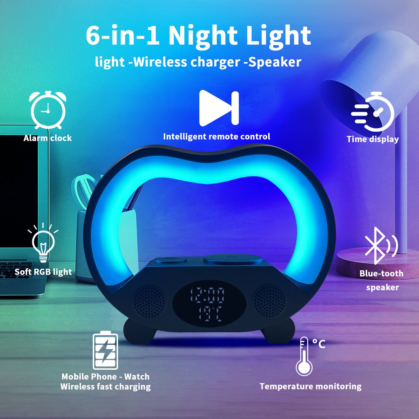 2024 Nuevo 6 en 1 Control remoto inteligente Ambiente Bluetooth Lámpara de mesa LED inteligente Cargador inalámbrico multifunción Luz nocturna Altavoz Bluetooth