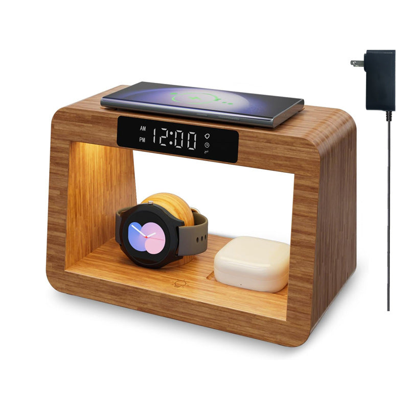 Multifunctional Bamboo Table Lamp Alarm Clock Wireless Charger