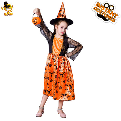 Robe de sorcière citrouille pour petite fille pour Halloween, costume de cosplay de performance sur scène de sorcière pour fille