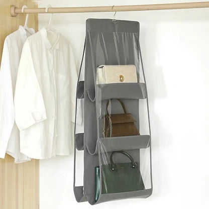 Organisateur de sac à main suspendu à 6 poches, pour armoire, placard, sac de rangement étanche gris, porte murale transparente, sac divers avec pochette de suspension