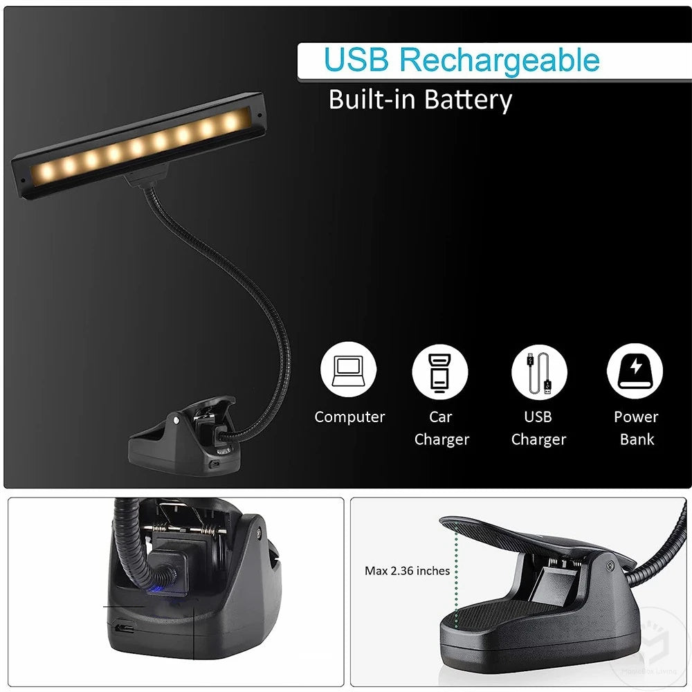 Luz recargable para atril de música, luz de lectura con Clip de 19 LED, luz de noche junto a la cama, lámpara de libro recargable por Usb, luz de libro de 3 colores