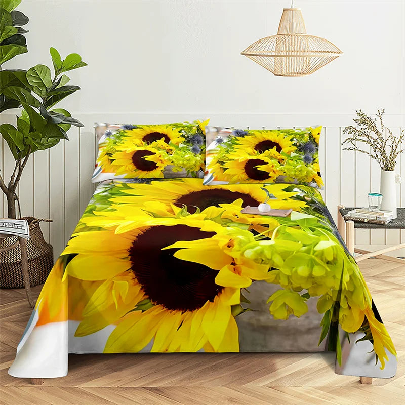 Parure de lit tournesol Queen, ensemble de literie pour fille magnifique, pour chambre d'amoureux, draps et taies d'oreiller, drap plat