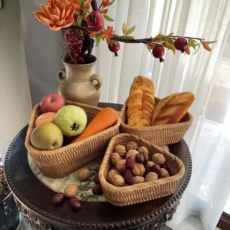 Panier rectangulaire en rotin et osier tissé à la main, fruits, thé, collation, pain, pique-nique, boîte de rangement de cosmétiques, fournitures de cuisine, outils ménagers