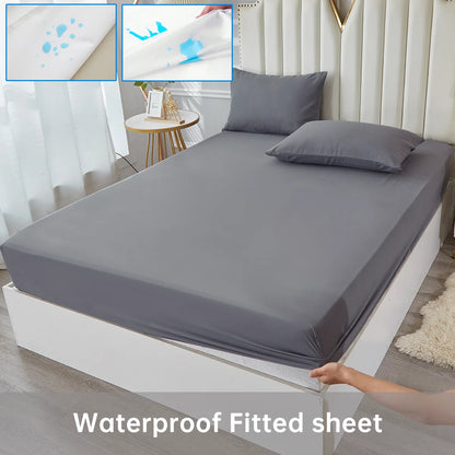 3/4pcs Solid Beding Set, Waterproof Fitted sheet & Bed Sheet & Pillowcases Soft, Queen, KIng, Full, Twin Size, White and Gray