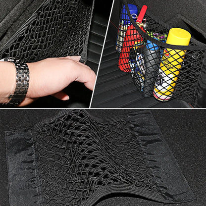 Filet de rangement pour coffre arrière de voiture, filet en maille pour siège, chaîne élastique, autocollant magique, sac de rangement universel, organisateur de poche pour automobile