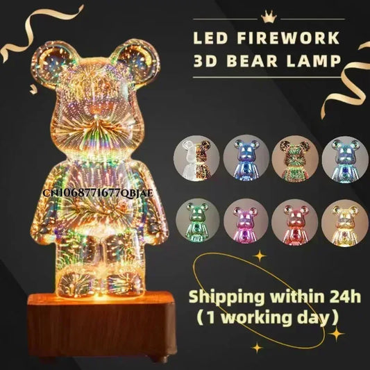 Fuegos artificiales 3D, proyección de luz nocturna de oso, atmósfera colorida USB, atenuación, decoración decorativa para sala de estar, fuegos artificiales de vidrio 3D para dormitorio