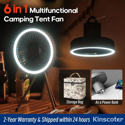 Ventilador de Camping de 10000mAh, circulador portátil de escritorio recargable, ventilador eléctrico de techo inalámbrico con Banco de energía, trípode de iluminación LED