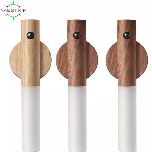 Sensor de movimiento PIR automático inteligente creativo LED recargable luz nocturna magnética luz de pared de madera lámpara de luz para armario de cocina