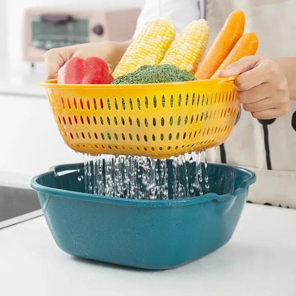 6-piece Set Double Layered Household Vegetable Washing Basket Kitchen Drain Basket Multifunctional Plastic Fruit Basin