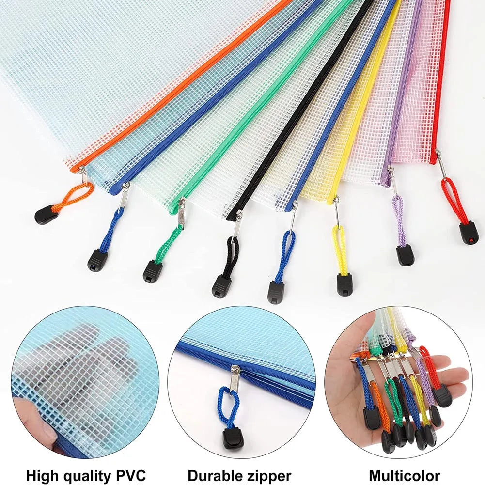 Mesh Zipper Pouch Waterproof Plastic Document Pouch Multipurpose for Travel Storage Office Appliances Home Organize Bags