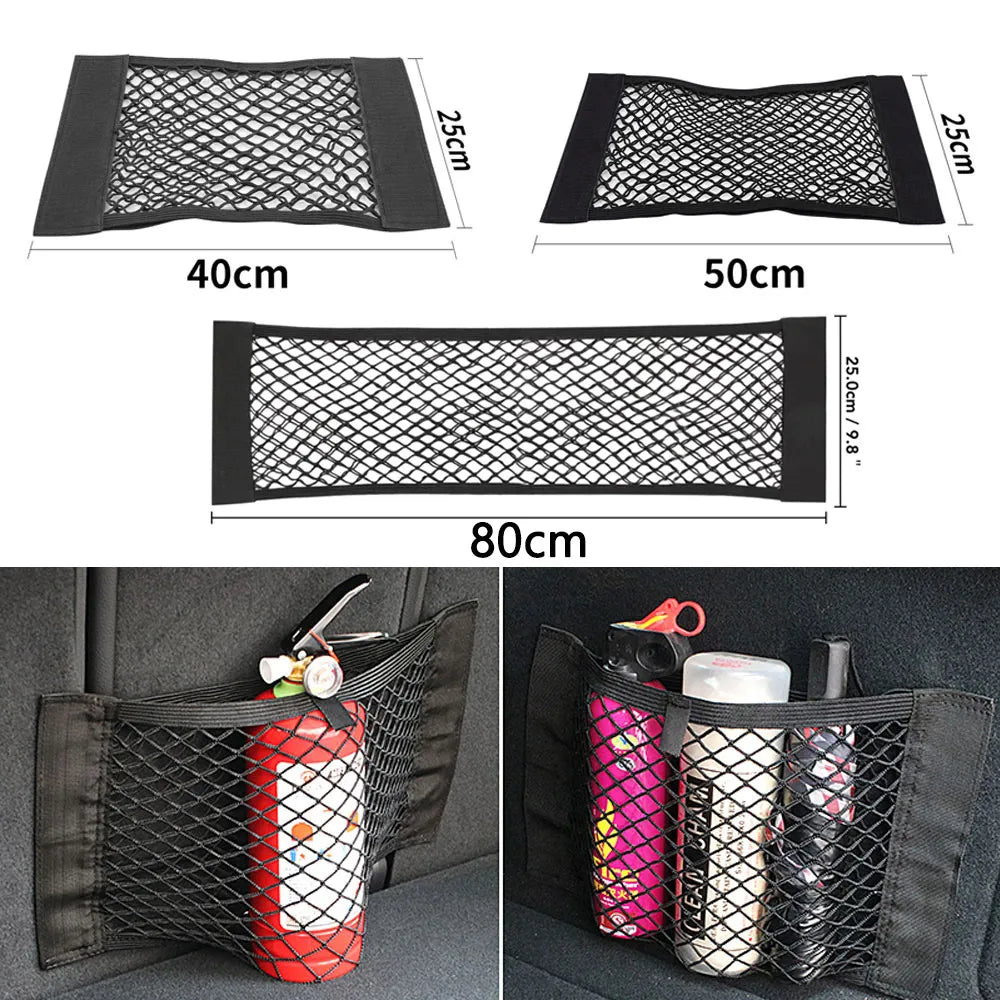 Filet de rangement pour coffre arrière de voiture, filet en maille pour siège, chaîne élastique, autocollant magique, sac de rangement universel, organisateur de poche pour automobile