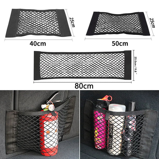 Filet de rangement pour coffre arrière de voiture, filet en maille pour siège, chaîne élastique, autocollant magique, sac de rangement universel, organisateur de poche pour automobile