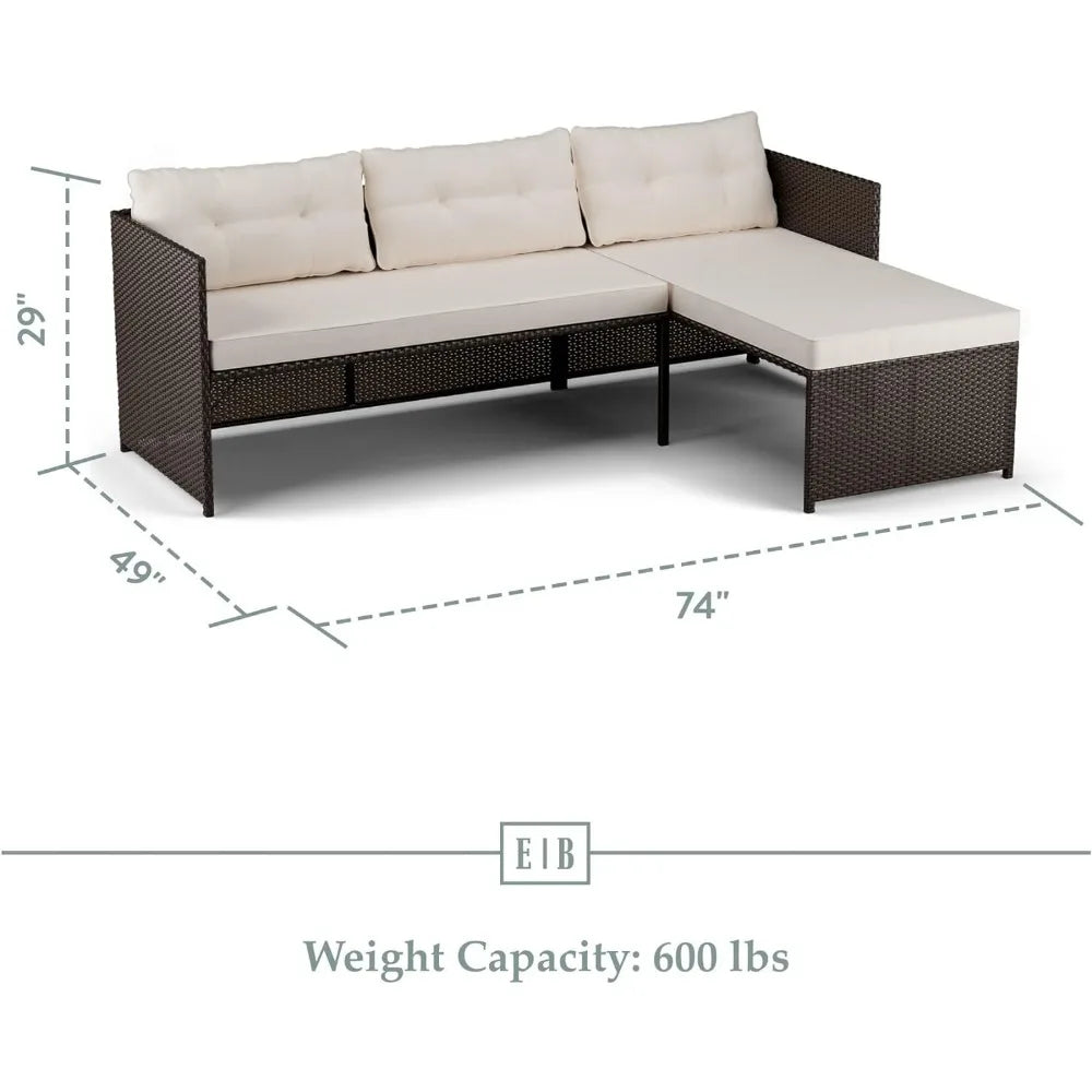 Outdoor Sofa, L-Shape Sofa Only, Brown Rattan/Cream, Rattan Patio Furniture