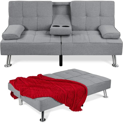 Sofá cama chaise longue con reposabrazos extraíbles y 2 portavasos, gris