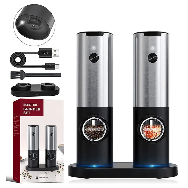 Electric Salt Grinder Set USB Rechargeable Electric Pepper Mill With LED Light Adjustable Coarseness Kitchen Tools