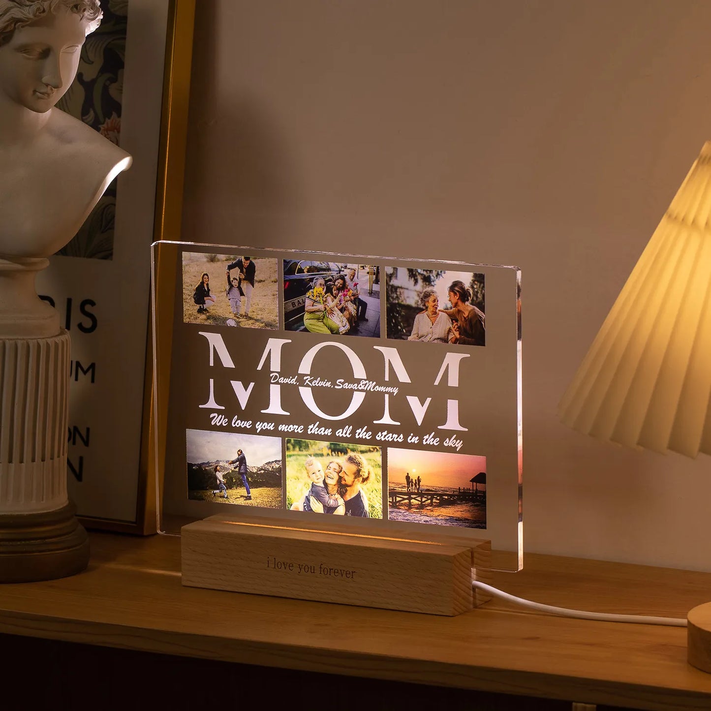 Lámpara acrílica 3D personalizada con foto y texto, luz nocturna personalizada para dormitorio para mamá, papá, amor, día familiar, regalo de cumpleaños y Navidad