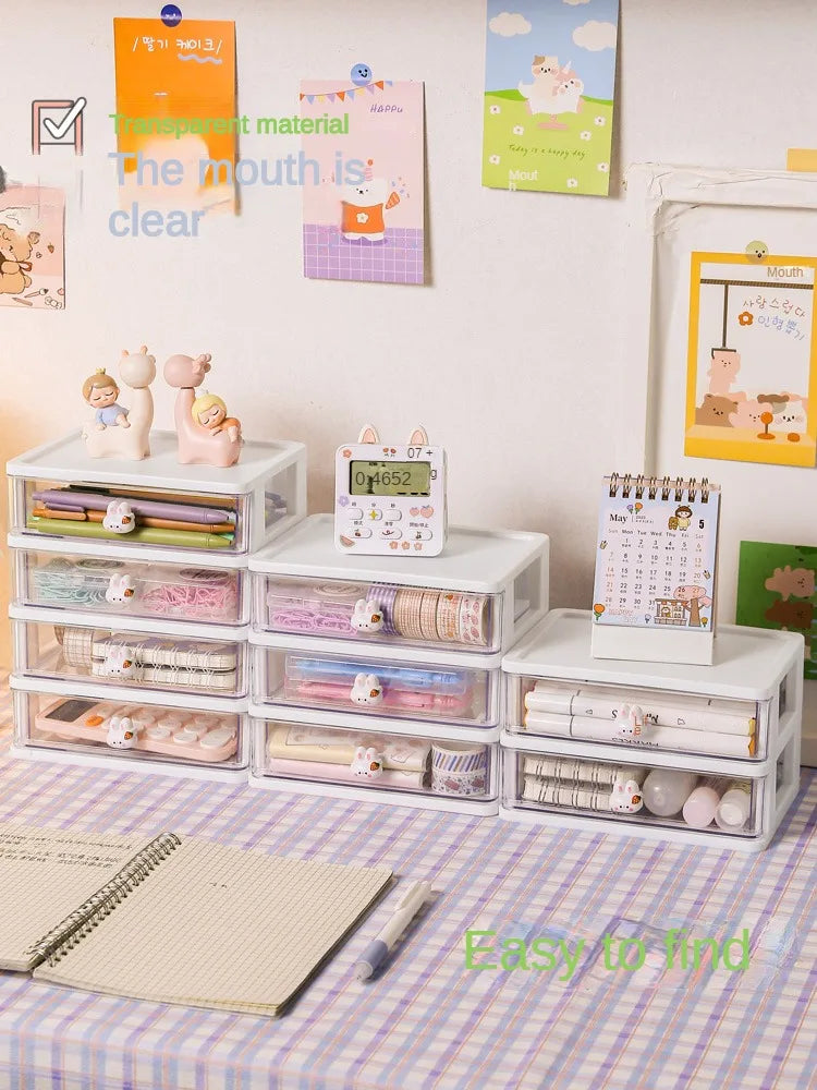 1-piece Desk Storage Drawer Cute Plastic Transparent  Box Stationery Cosmetics   Container