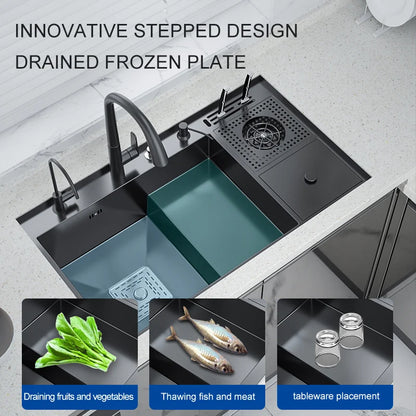 Lavabo de Nano taza, fregadero grande de cocina de una sola ranura, escalera Manual, lavabo multifuncional, cubo de basura Alto y Bajo con soporte para cuchillos