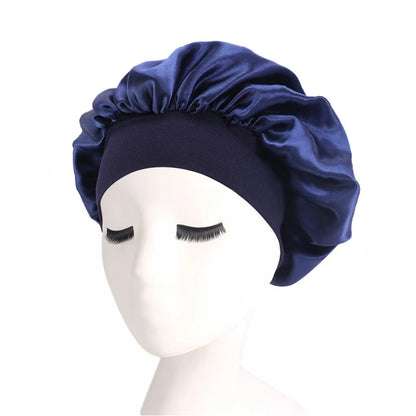 Gorro Unisex con banda elástica para la cabeza, gorro de noche con ala, gorro de baño, gorro sedoso de satén Extra grande para dormir con banda elástica de primera calidad