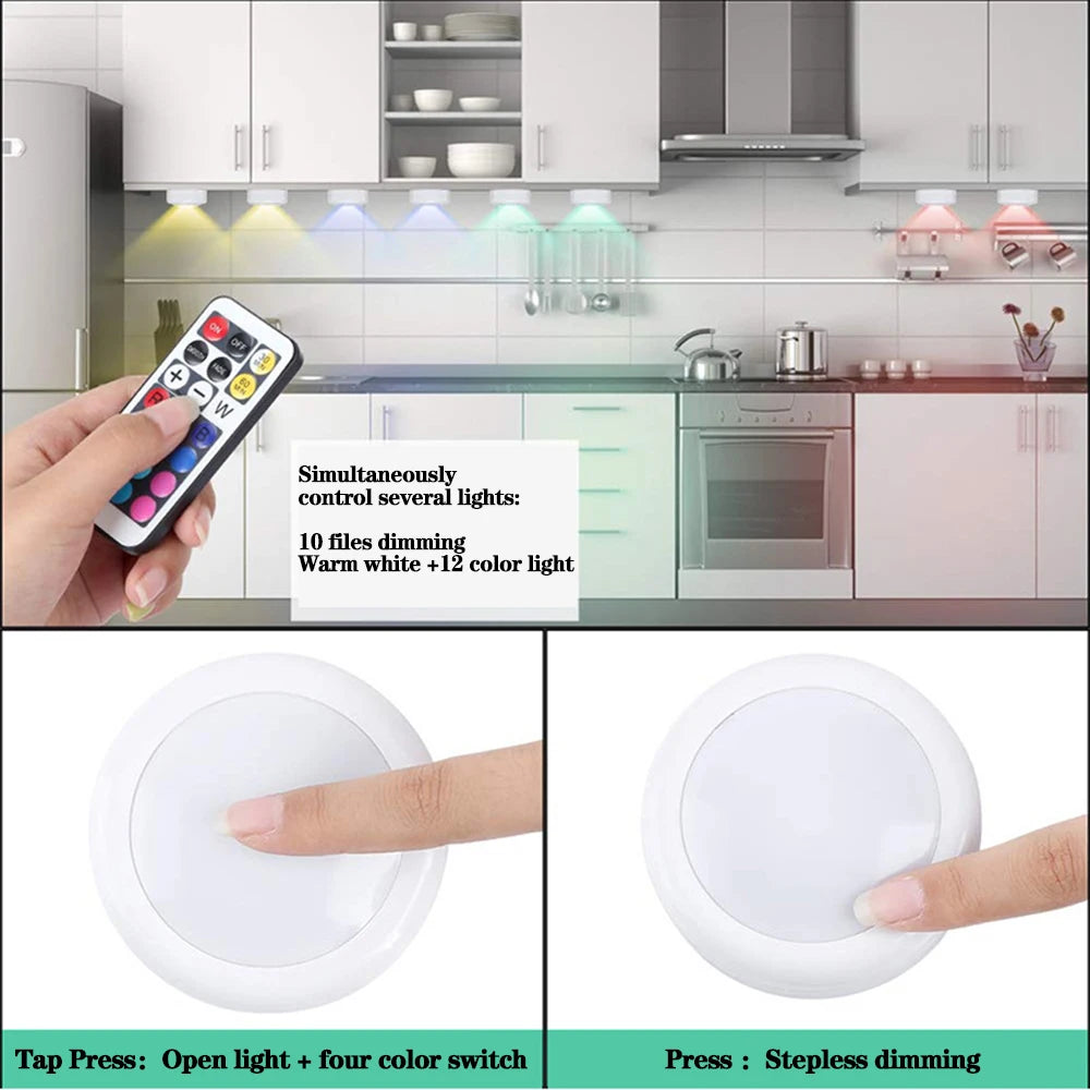 LED Night Light with Adhesive Sticker Battery Dimmable Multicolor Cabinet Bedroom Kitchen Bathroom Drawer Lamp Wall Lighting