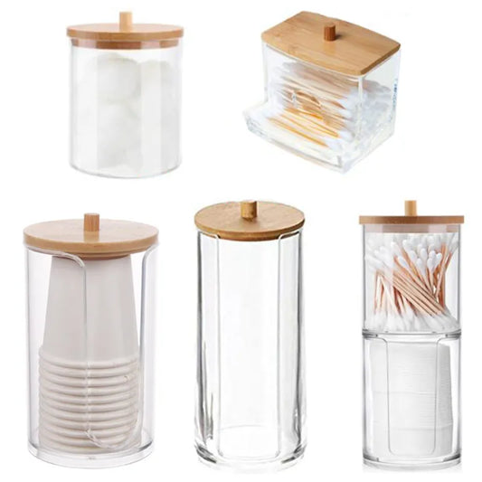 Acrylic Storage Box Bathroom Jar Makeup Organizer Cotton Round Pad Holder Cotton Swab Box Qtip Holder Dispenser with Bamboo Lid