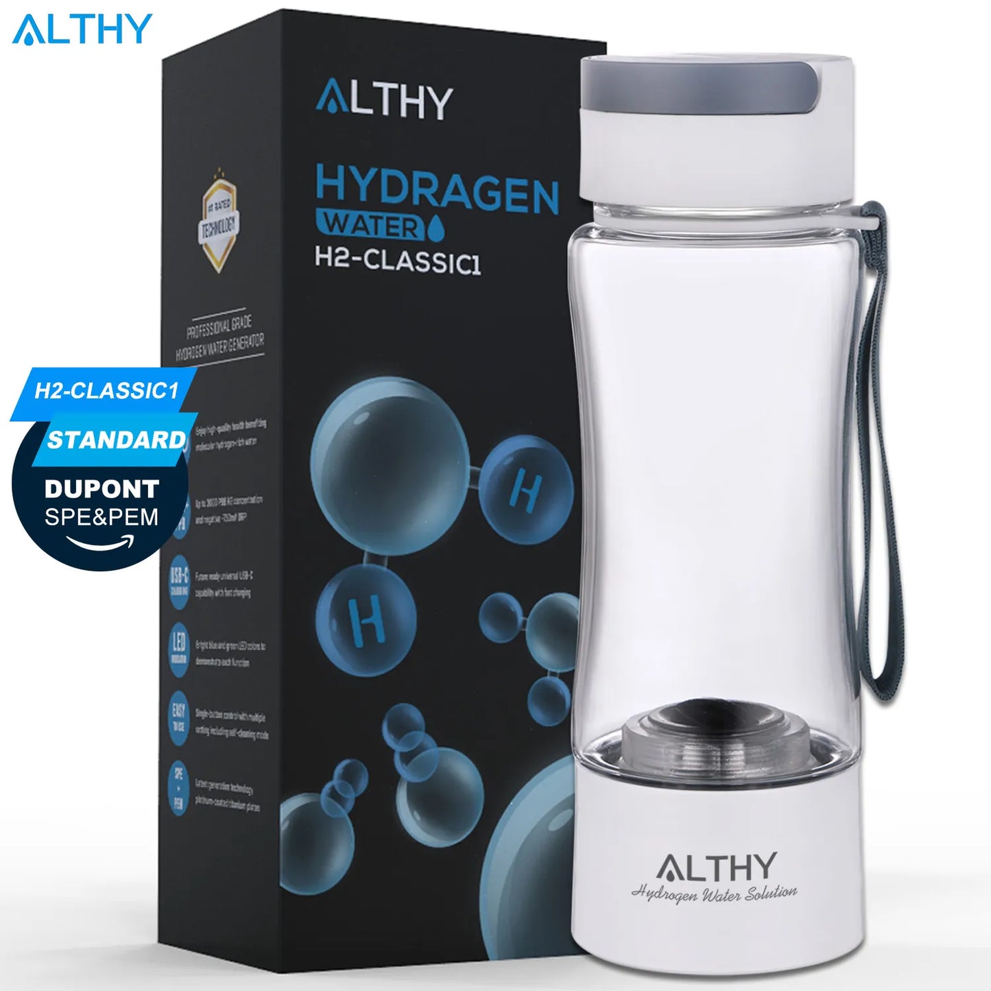 ALTHY – bouteille générateur d'eau riche en hydrogène, loniseur DuPont SPE PEM à double chambre, dispositif d'inhalation H2