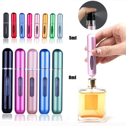 Atomizador de Perfume de 8ml/5ml, contenedor de líquidos portátil para cosméticos, viaje, Mini botella rellenable vacía de alcohol en aerosol de aluminio