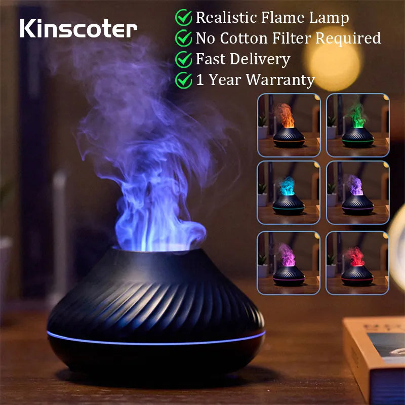 Kinscoter-difusor de Aroma volcánico, lámpara de aceite esencial, humidificador de aire portátil USB de 130ml con luz nocturna de llama de Color