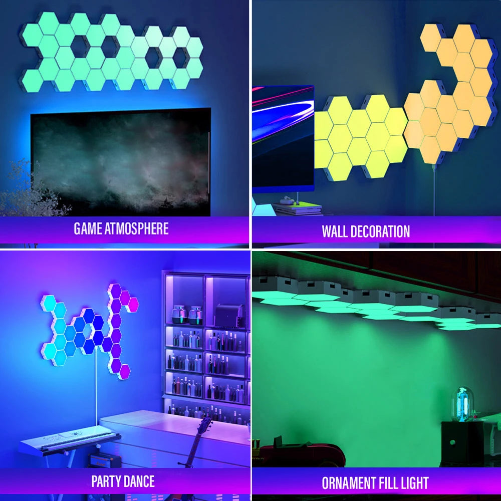 Applique murale d'intérieur hexagonale LED RGB, WIFI, télécommande avec application, veilleuse, ordinateur, salle de jeux, chambre à coucher, décoration de chevet