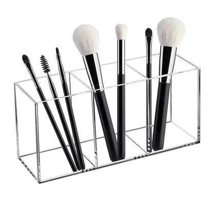 Caja de almacenamiento de herramientas para brochas de maquillaje acrílico transparente con 3 agujeros, soporte para brochas de maquillaje, organizador de mesa, herramienta de maquillaje