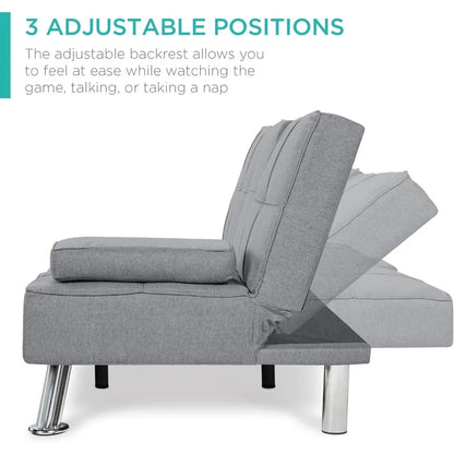 Sofá cama chaise longue con reposabrazos extraíbles y 2 portavasos, gris