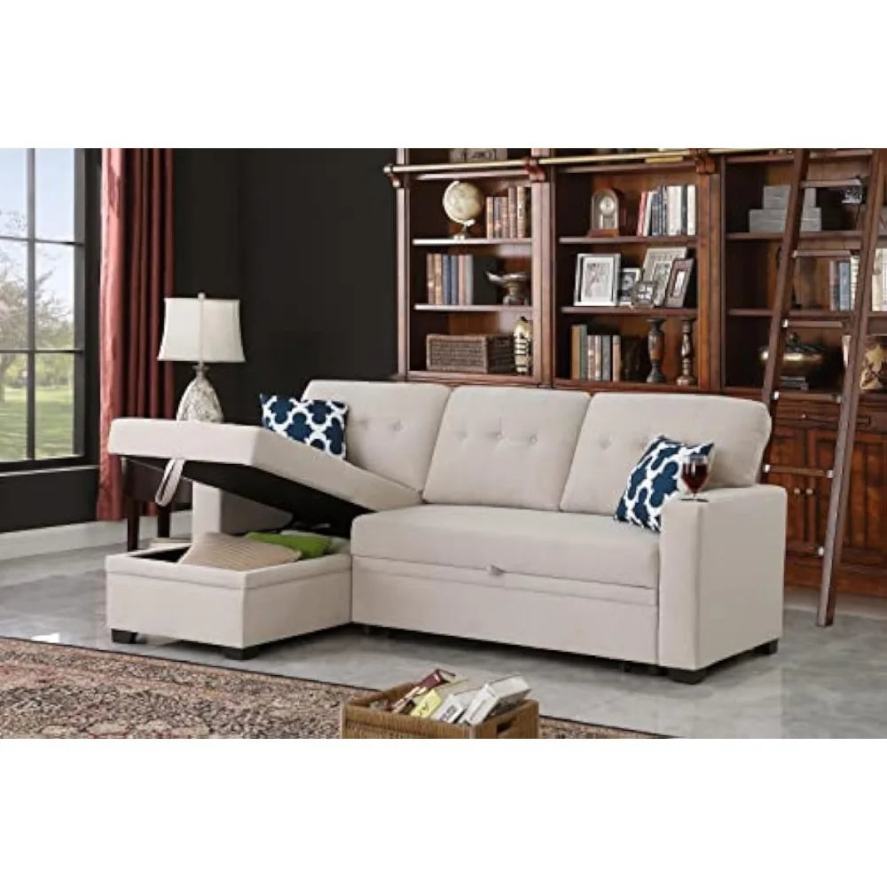 L-Shaped 3-Seaters Corner Sectional Sofa Linen Upholstered Sofa&Couch Convertible Sofabed W/Pull Out Sleeper Couch Bed