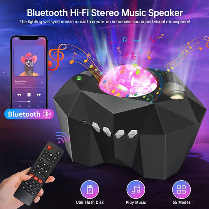 Proyector de luces de estrellas Aurora Galaxy Moon con control remoto, lámparas de noche de cielo, regalo para niños y adultos, altavoz de música Bluetooth, decoración del hogar