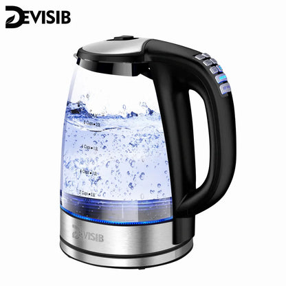 DEVISIB Hervidor eléctrico Control de temperatura 4 horas mantener caliente 2L vidrio té café caldera de agua caliente grado alimenticio 304 acero inoxidable