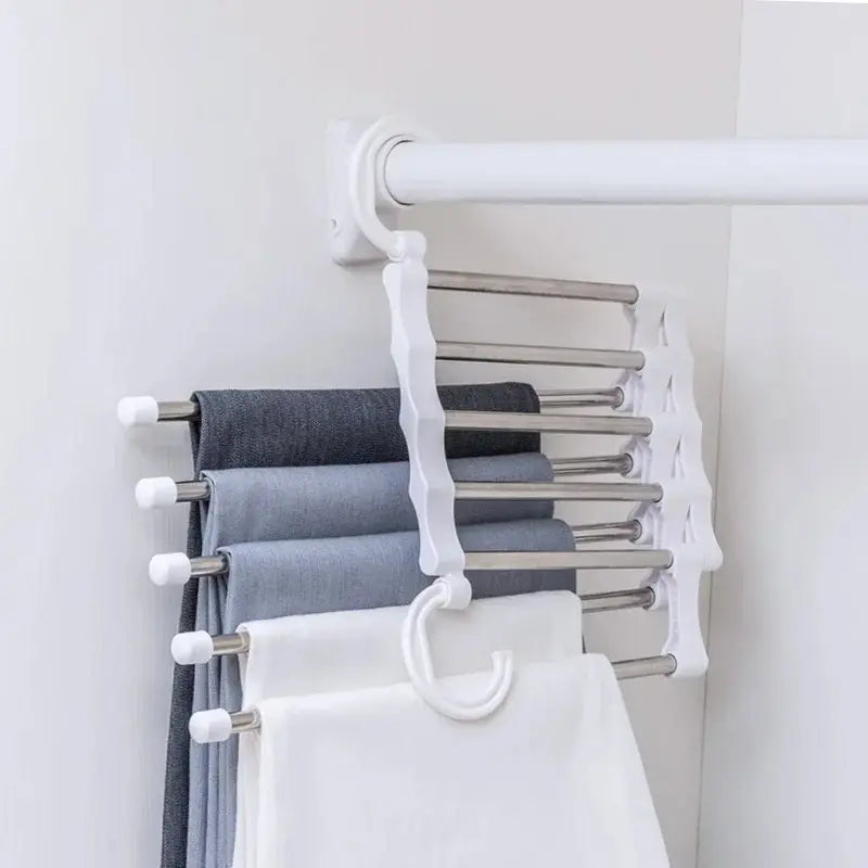 1pc Stainless Steel Retractable and Foldable Multifunctional Multi-layer Trousers Rack Wardrobe Storage