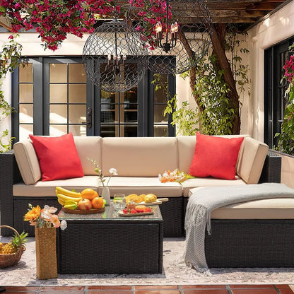 Outdoor Sofa Set with Thick Cushions & Tempered Glass Table, 5 Piece Patio Furniture Set, Wicker Outdoor Sectional Sofa