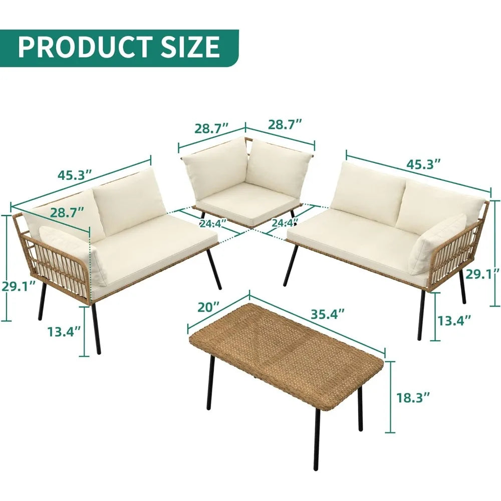 Juego de sofás de ratán para exteriores, juego de muebles de patio de 4 piezas, tumbona desmontable con cojines y mesa auxiliar, sofá en forma de L para exteriores