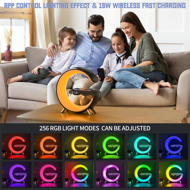 2023 New Intelligent G Shaped LED Lamp Bluetooth Speaker Wireless Charger Atmosphere Lamp With Clock App Control Home Decoration