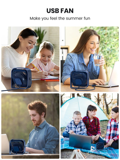 TOPK USB Desk Fan Strong Airflow & Quiet Operation Three-Speed Wind Mini Table Fan 360° Rotatable Head for Home Office Bedroom