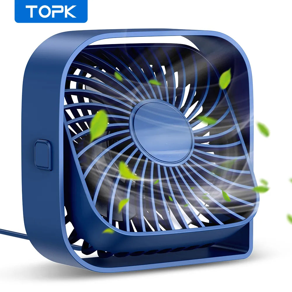 TOPK USB Desk Fan Strong Airflow & Quiet Operation Three-Speed Wind Mini Table Fan 360° Rotatable Head for Home Office Bedroom