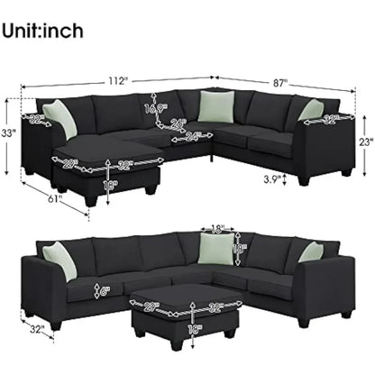 L-shaped Sofa,7-seater Fabric Sofa with 3 Pillows, Black