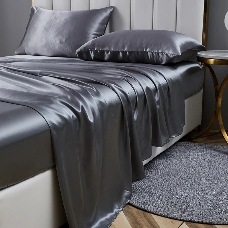 Draps de lit en Satin haut de gamme, ensemble de 4 pièces, draps de lit Queen, draps-housses de luxe avec taie d'oreiller, drap de lit à bande élastique