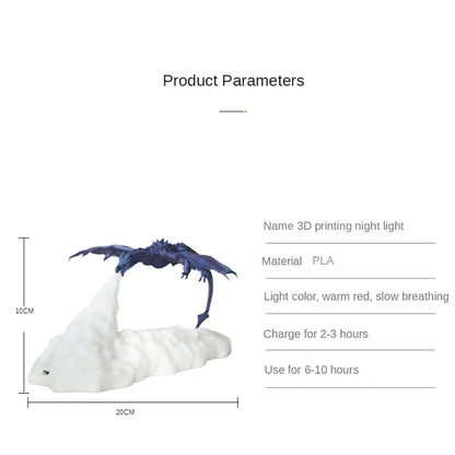 Luz LED nocturna con forma de dragón, impresión 3D, llama de dragón, respiración, cambio lento, decoración de habitación, luz recargable por USB, lámpara de juguete de cumpleaños