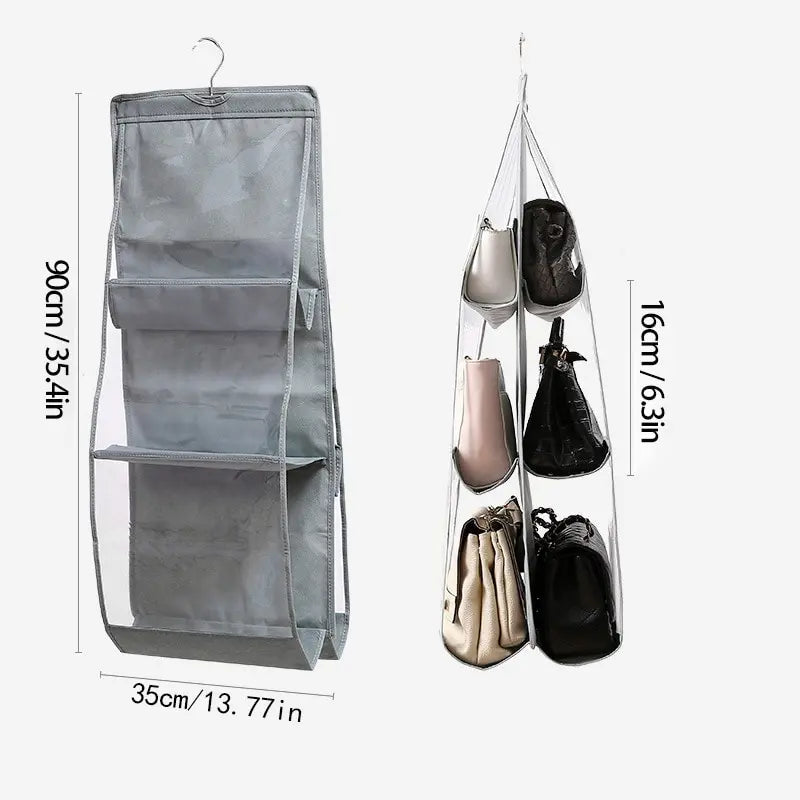 Organisateur de sac à main suspendu à 6 poches, pour armoire, placard, sac de rangement étanche gris, porte murale transparente, sac divers avec pochette de suspension